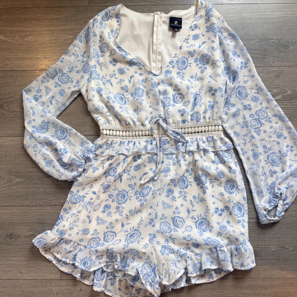 Disney Princess Blue Floral Toile Lace Trim Ruffle Romper Cinderella Medium